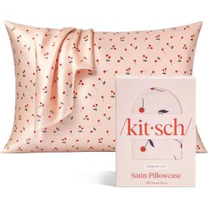Kitsch Satin Pillowcase, Softer Than Silk Pillow Cases, Cooling Pillow Covers, King Size Pillow Cases Set of 2, Satin Pillowcase with Zipper for Hair, Skin & Quality Sleep, 19″x36″ Blush, 2pcs(Cherry Print)