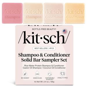 Kitsch Shampoo and Conditioner Set – 4pc Sampler Bars with Rice Water Shampoo and Conditioner, Castor Oil Shampoo & Coconut Oil Conditioner – Bottle-Free Beauty for Hair Growth, Repair & Moisture