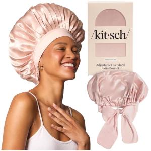 Kitsch XL Satin Bonnet for Sleeping – Softer Than Silk Hair Bonnet for Women – Secure Fit, Adjustable Night Cap for Curly & Textured Hair – Prevents Breakage, Tangles & Thinning – Charcoal(Blush)