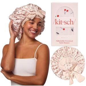 Kitsch XL Satin Bonnet for Sleeping – Softer Than Silk Hair Bonnet for Women – Secure Fit, Adjustable Night Cap for Curly & Textured Hair – Prevents Breakage, Tangles & Thinning – Charcoal(Cherry Print)