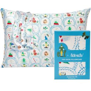 Kitsch x Lisa Frank Satin Pillowcase with Zipper for Hair & Skin, Softer Than Silk Pillow Cases Queen, Wrinkle-Free, Smooth and Cooling Satin Pillow Covers Standard/Queen Size 19×26 – Angel Kitty(Elf – North Pole)