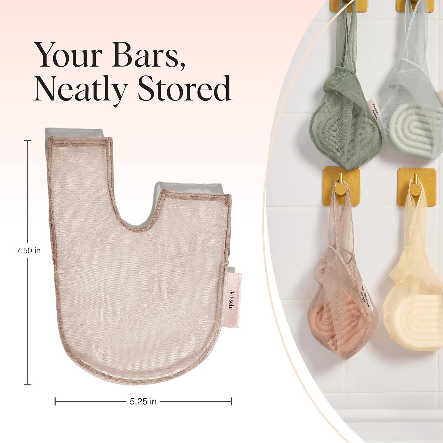 imageKitsch Bar Soap Saver Bag Patented Mesh Bag Soap Holder for Rosemary amp Biotin Conditioner Bar with Tag Identifier Extends Use amp Prevents Soggy Mess Recycled Mesh Beauty Pouch EcoFriendlyRice Water Protein Shampoo Bar Bag