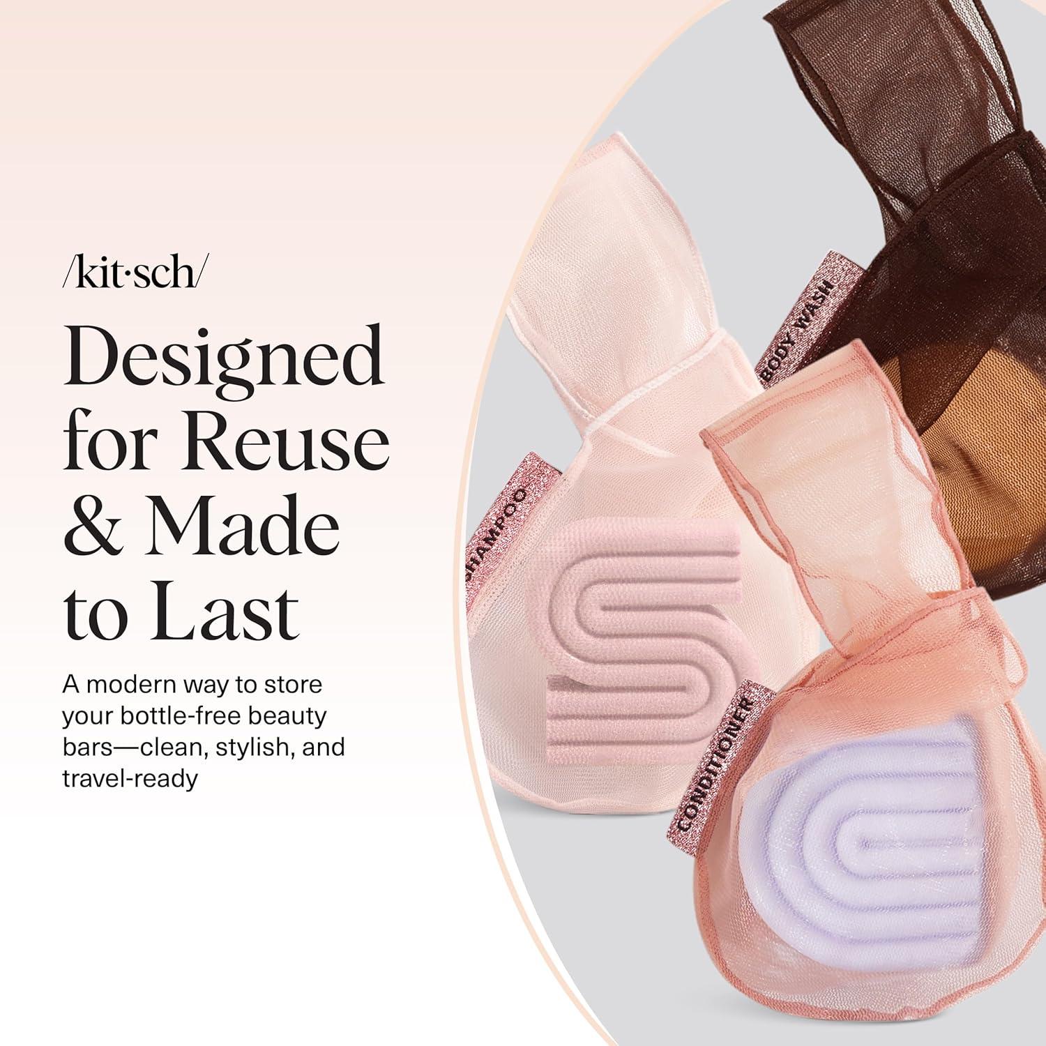 imageKitsch Bar Soap Saver Bag Patented Mesh Bag Soap Holder for Shampoo Conditioner amp Body Wash Bar Extends Use amp Prevents Soggy Mess Recycled Mesh Pouch Blush Terracotta amp Chocolate 3pc SetBlush Terracotta Chocolate