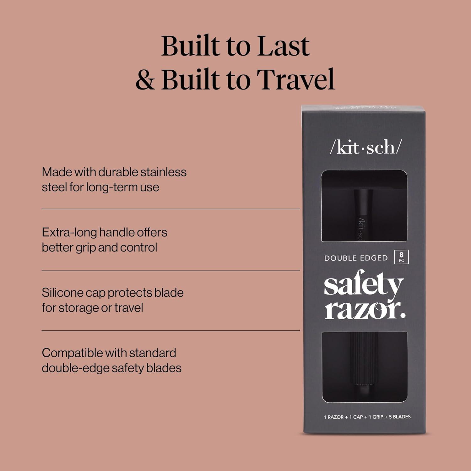 imageKitsch Double Edge Safety Razors for Women and Men with 5 Blade Refills Extra Long Handle amp Silicone Cap Reusable Single Blade Razor for Shaving and Travel Essentials Black