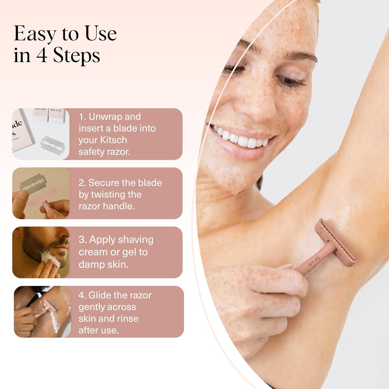 imageKitsch Double Edge Safety Razors for Women and Men with 5 Blade Refills Extra Long Handle amp Silicone Cap Reusable Single Blade Razor for Shaving and Travel Essentials BlackDouble Edge Razor Blades Refills