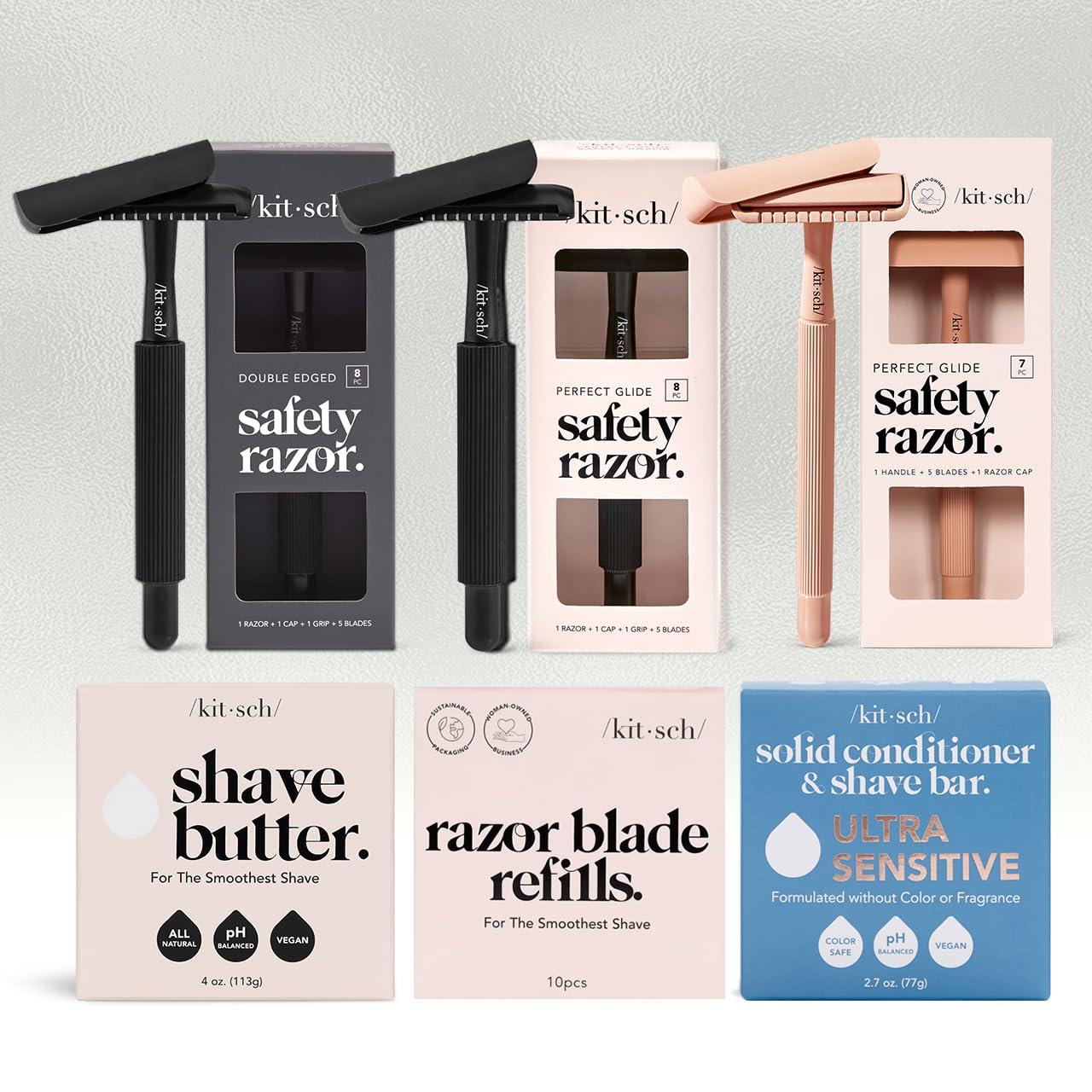 imageKitsch Double Edge Safety Razors for Women and Men with 5 Blade Refills Extra Long Handle amp Silicone Cap Reusable Single Blade Razor for Shaving and Travel Essentials BlackBlack Double Edge Safety Razor