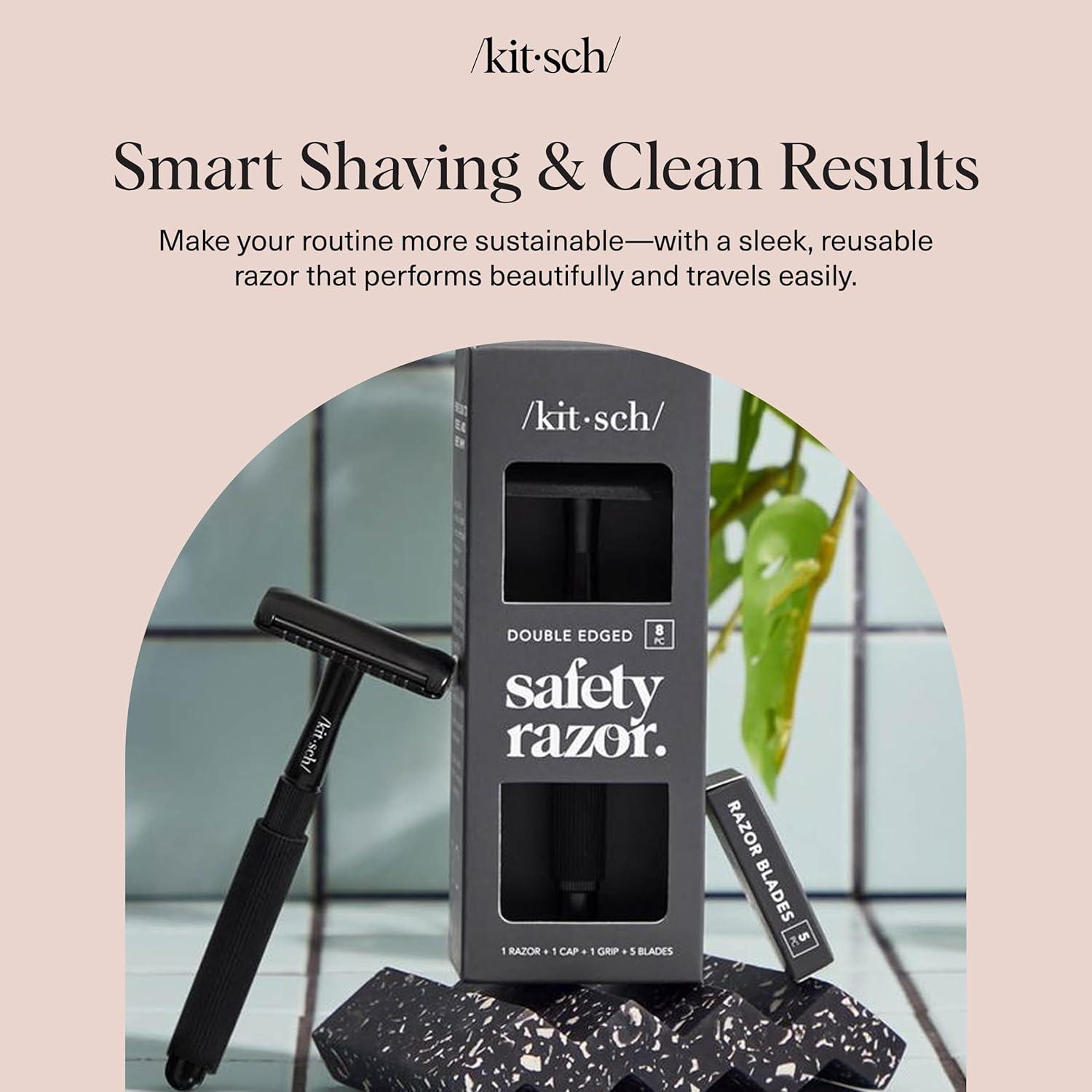 imageKitsch Double Edge Safety Razors for Women and Men with 5 Blade Refills Extra Long Handle amp Silicone Cap Reusable Single Blade Razor for Shaving and Travel Essentials BlackBlack Double Edge Safety Razor