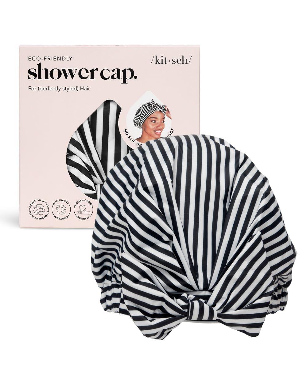 imageKitsch Luxury Shower Caps for Women Reusable Waterproof Large Shower Cap for Women Nonslip Quickdry Hair Cap for Long and Short Hair Comfortable and Stylish Design Blush DotStripe