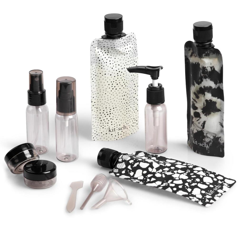 imageKitsch 11 PCS Travel Bottles for Toiletries Travel Essentials Kit for Shampoo Conditioner Lotion amp More TSA Approved Travel Bottles LeakProof Refillable Travel Size Containers Black amp IvoryBlack Tie Dye