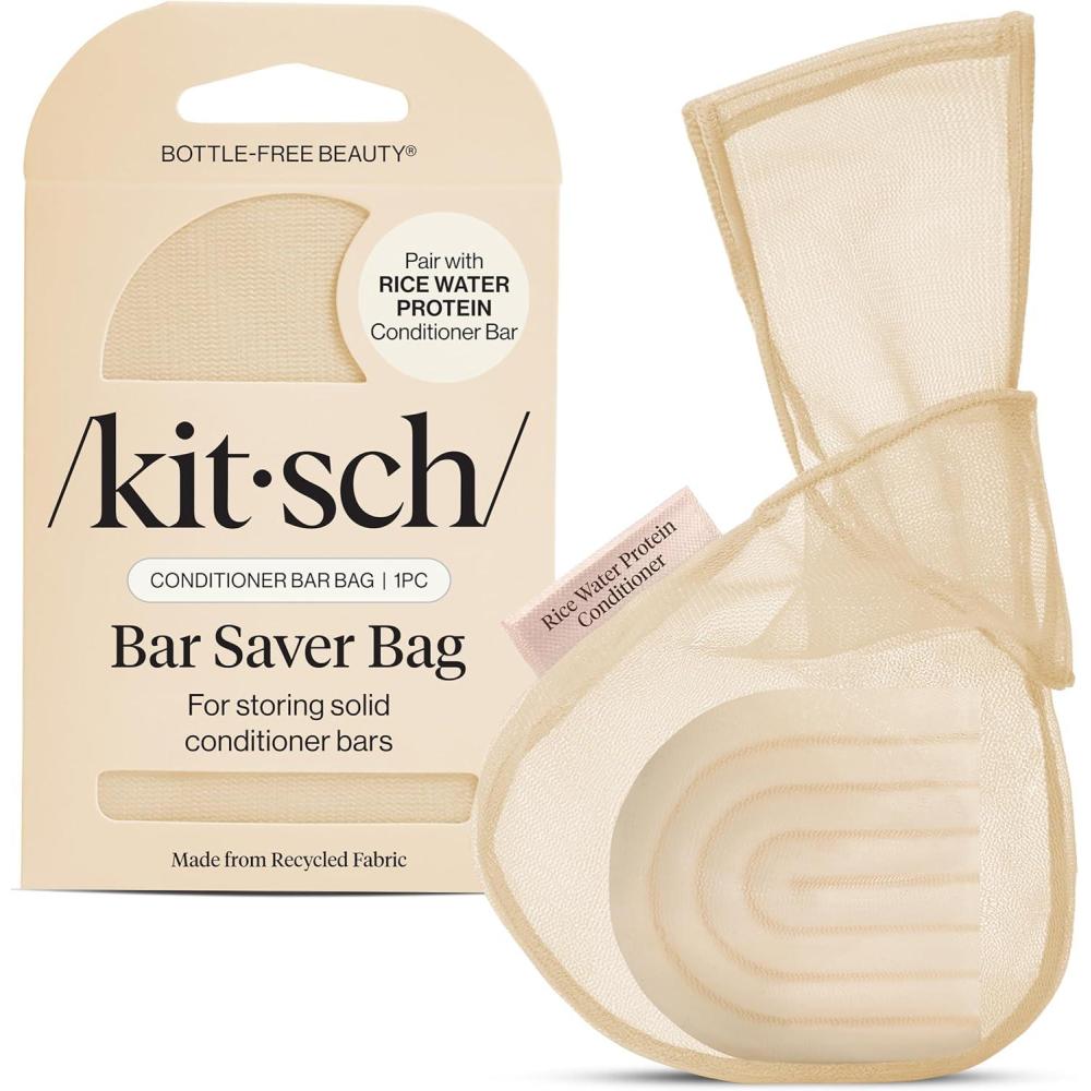 imageKitsch Bar Soap Saver Bag Patented Mesh Bag Soap Holder for Rosemary amp Biotin Conditioner Bar with Tag Identifier Extends Use amp Prevents Soggy Mess Recycled Mesh Beauty Pouch EcoFriendlyRice Water Protein Conditioner Bar Bag