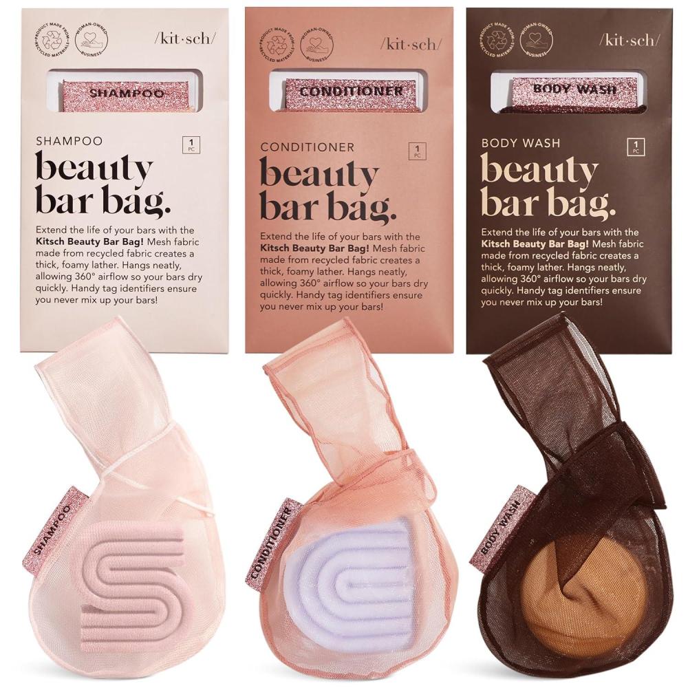 imageKitsch Bar Soap Saver Bag Patented Mesh Bag Soap Holder for Shampoo Conditioner amp Body Wash Bar Extends Use amp Prevents Soggy Mess Recycled Mesh Pouch Blush Terracotta amp Chocolate 3pc SetBlush Terracotta Chocolate