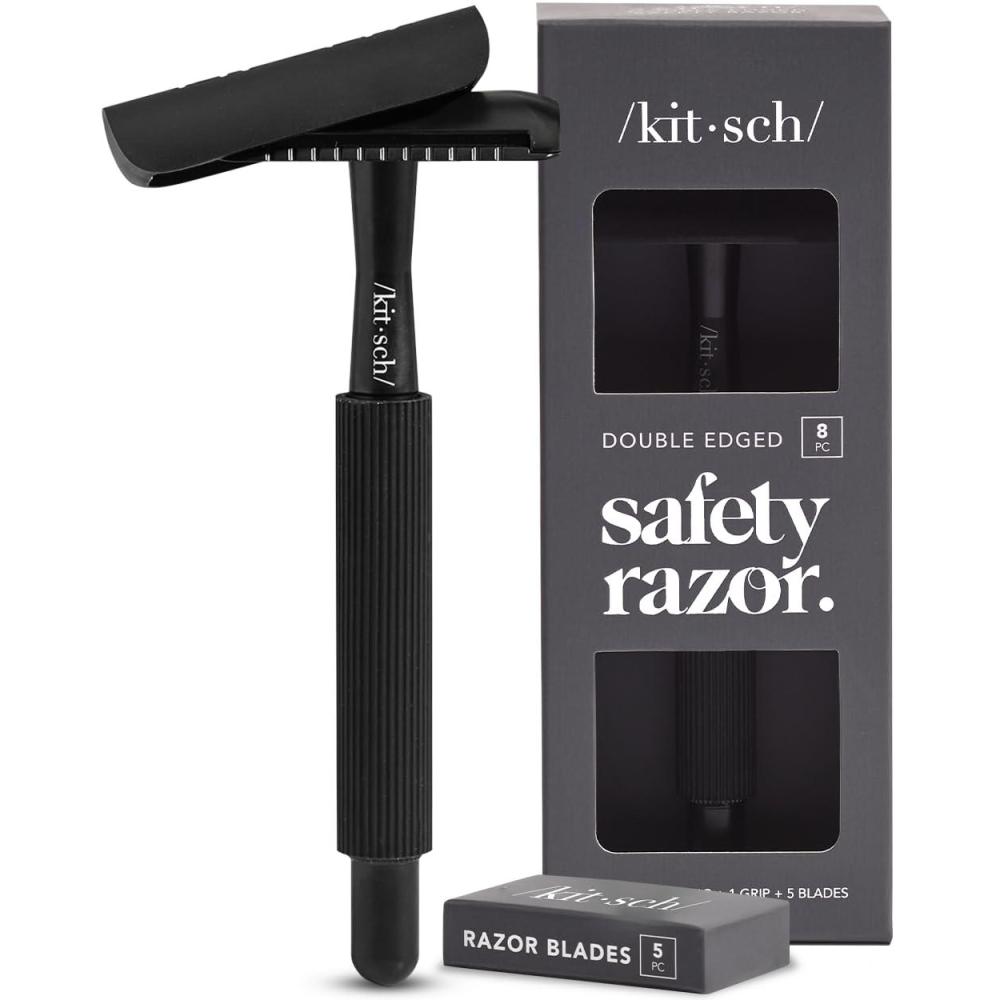 imageKitsch Double Edge Safety Razors for Women and Men with 5 Blade Refills Extra Long Handle amp Silicone Cap Reusable Single Blade Razor for Shaving and Travel Essentials Black