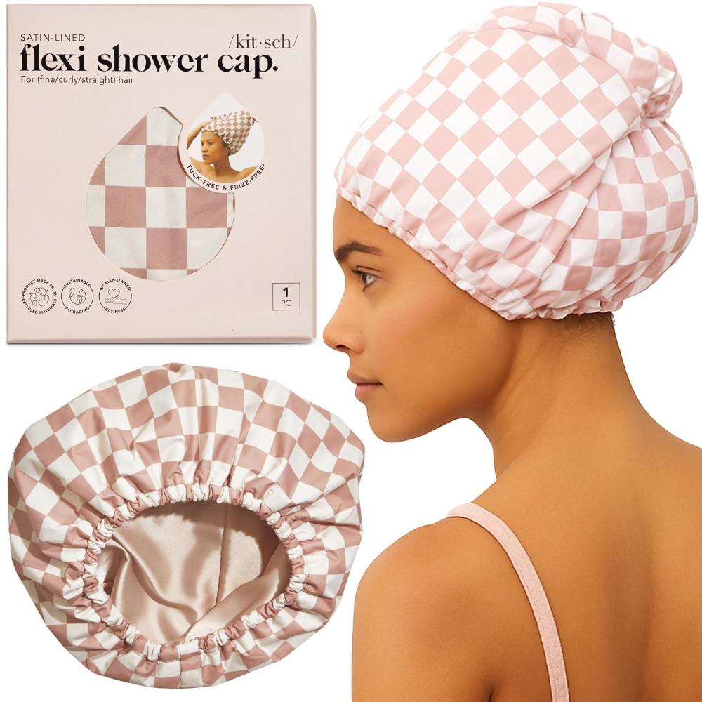 imageKitsch Luxury Shower Caps for Women Reusable Waterproof  Large Shower Cap for Women Nonslip Quickdry Hair Cap for Long and Short Hair Comfortable and Stylish Design  Blush DotTerracotta Checker