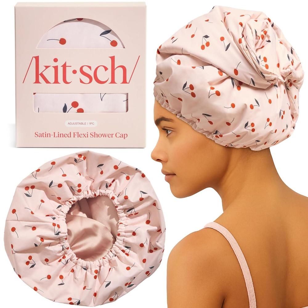 imageKitsch Luxury Shower Caps for Women Reusable Waterproof  Large Shower Cap for Women Nonslip Quickdry Hair Cap for Long and Short Hair Comfortable and Stylish Design  Blush DotCherry Print