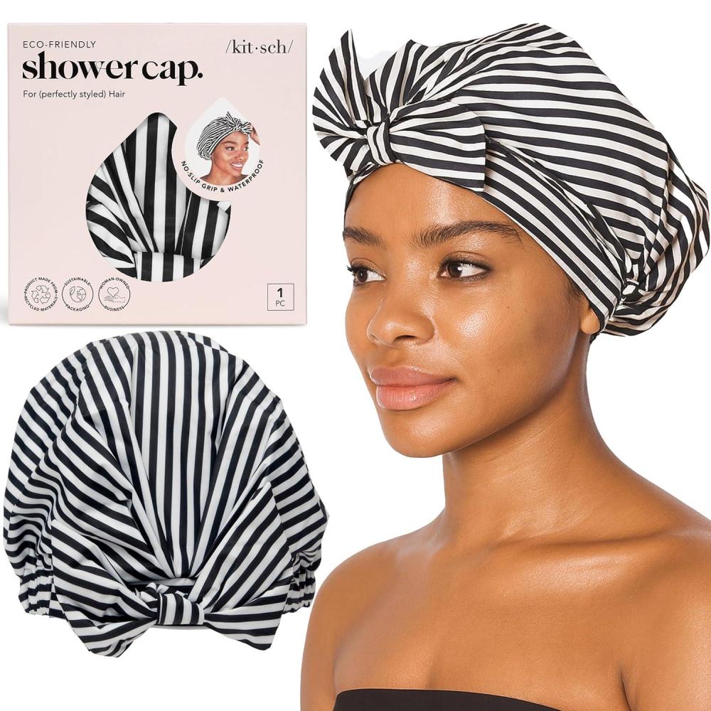 imageKitsch Luxury Shower Caps for Women Reusable Waterproof Large Shower Cap for Women Nonslip Quickdry Hair Cap for Long and Short Hair Comfortable and Stylish Design Blush DotStripe