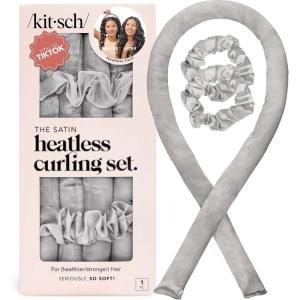 Hello Kitty x Kitsch Satin Heatless Hair Curler Set – Heatless Curls Overnight, Hair Rollers for Soft Curls & Frizz-Free Styling, No Heat Curlers To Sleep in, Curling Rod Headband – Pink Kitty Faces(07 Silver)