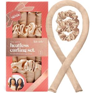 Hello Kitty x Kitsch Satin Heatless Hair Curler Set – Heatless Curls Overnight, Hair Rollers for Soft Curls & Frizz-Free Styling, No Heat Curlers To Sleep in, Curling Rod Headband – Pink Kitty Faces(Champagne)