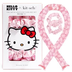 Hello Kitty x Kitsch Satin Heatless Hair Curler Set – Heatless Curls Overnight, Hair Rollers for Soft Curls & Frizz-Free Styling, No Heat Curlers To Sleep in, Curling Rod Headband – Pink Kitty Faces(Pink Kitty Face)