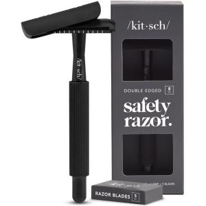 Kitsch Double Edge Safety Razors for Women and Men with 5 Blade Refills, Extra Long Handle & Silicone Cap, Reusable Single Blade Razor for Shaving and Travel Essentials – Black