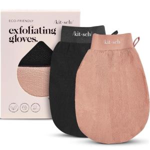 Kitsch Exfoliating Gloves 2pc – Korean Exfoliating Mitt & Deep Exfoliating Body Scrubber for Shower, Bath | Body Exfoliator, Dead Skin Remover | Skin Care for Smooth, Renewed Skin – Black & Terracotta(Black & Terracotta)
