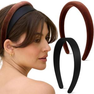 Kitsch Velvet & Satin Headbands for Women – Non Slip, Soft and Lightweight – Stylish Headbands for Girls with Chic Neutral Shades | Ideal Gifts for Women – Black & Chocolate, 2pc Set(Black & Chocolate)