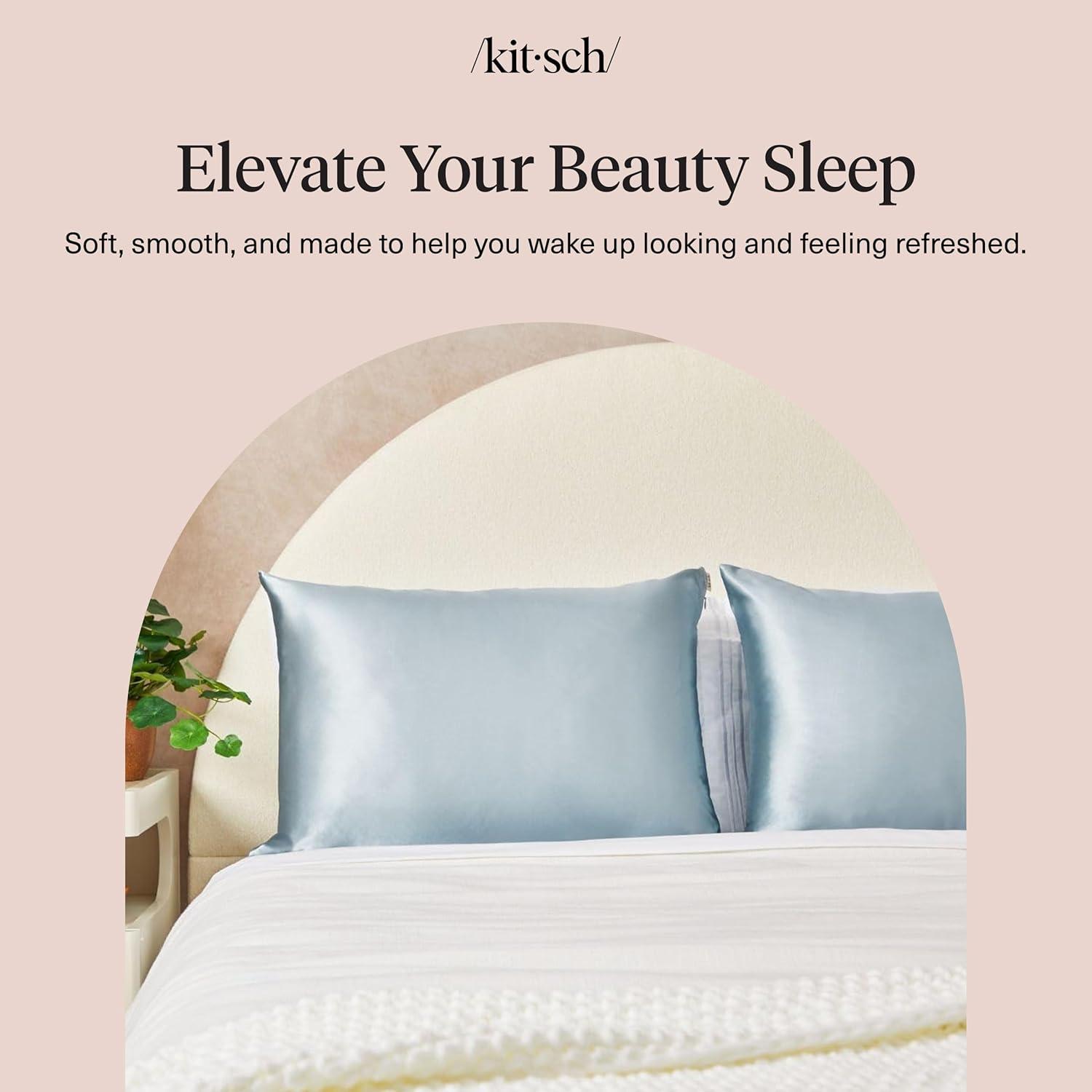 imageKitsch Holiday Satin Pillowcase with Zipper for Hair and Skin Softer Than Silk Pillow Cases Cooling Pillow Covers Machine Washable WrinkleFree QueenStandard 19x26 Ivory 2pcsHaze Blue