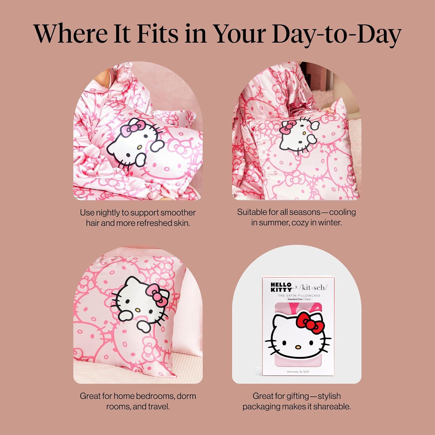 imageKitsch amp Disney Mickey Mouse Satin Pillowcase with Zipper LimitedEdition Better Than Silk Pillowcase Soft Cooling Toddler Bed Time Pillow Case for Hair amp Skin QueenStandard 19x26Hello Kitty Pink Kitty Faces