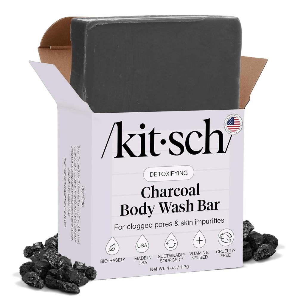 imageKitsch Charcoal Soap Body Wash Bar Detoxifying Bar Soap with Activated Charcoal Gently Removes Excess Oil amp Impurities Clears Pores Firms amp Moisturizes Skin Made in USA 4 oz