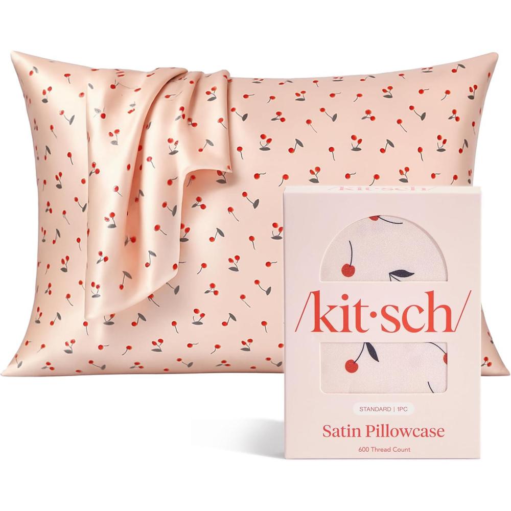 imageKitsch Holiday Satin Pillowcase with Zipper for Hair and Skin Softer Than Silk Pillow Cases Cooling Pillow Covers Machine Washable WrinkleFree QueenStandard 19x26 Ivory 2pcsCherry Print