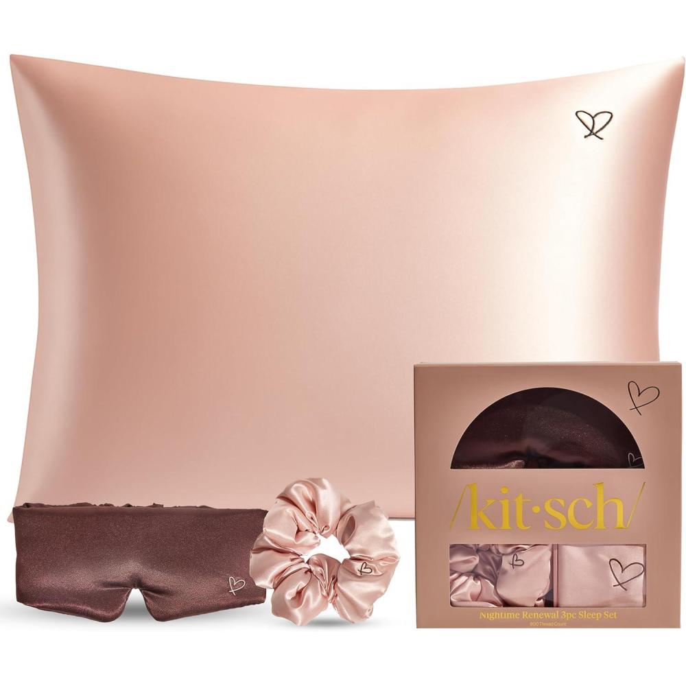 imageKitsch Night time Renewal 3PC Sleep Set  Satin Pillowcase with Zipper for Hair amp Skin  Softer Than Silk QueenStandard Size with Satin Pillow Scrunchie NoDamage Hair Tie and Satin Pillow Eye Mask