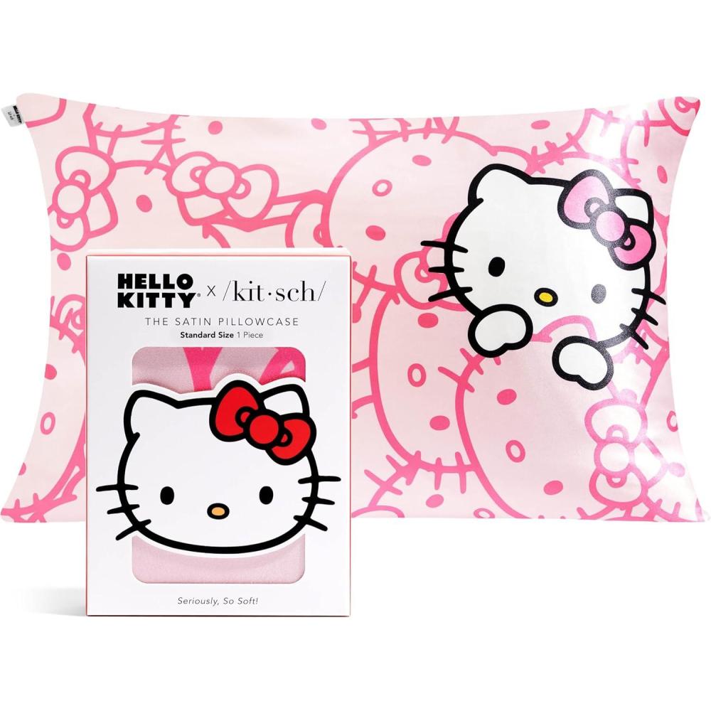 imageKitsch amp Disney Mickey Mouse Satin Pillowcase with Zipper LimitedEdition Better Than Silk Pillowcase Soft Cooling Toddler Bed Time Pillow Case for Hair amp Skin QueenStandard 19x26Hello Kitty Pink Kitty Faces