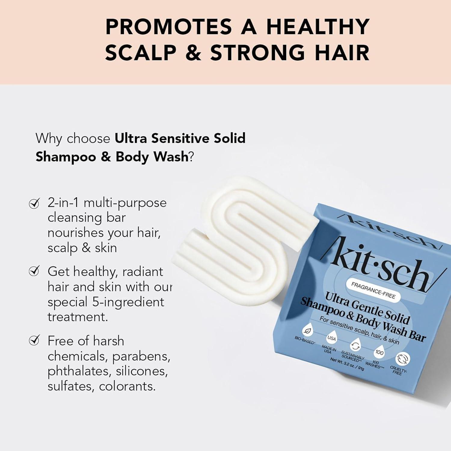 imageKitsch 2in1 Shampoo Bar and Body Wash Ultra Sensitive Vegan amp Natural 5Ingredient Formula Bar Soap for Hair amp Body ScentFree ParabenFree For Sensitive Scalp amp Skin 32 oz