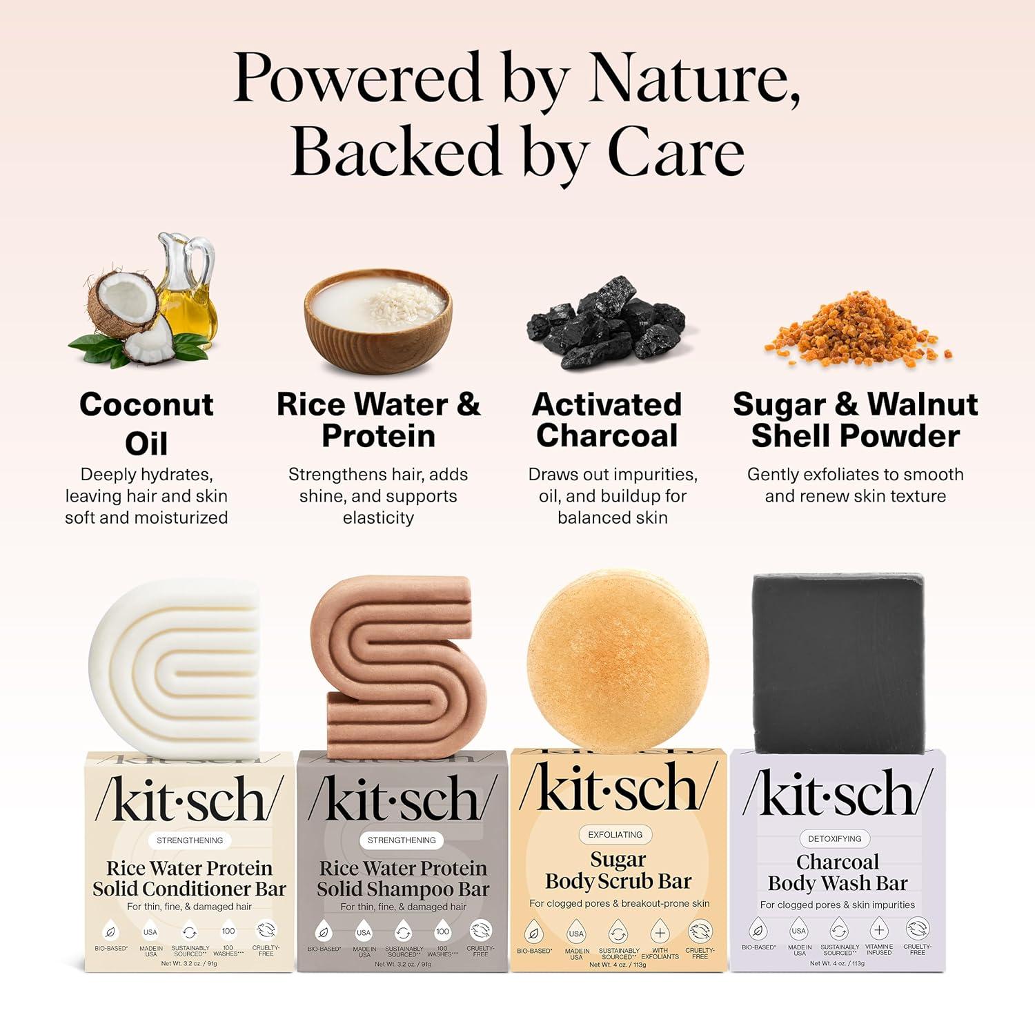 imageKitsch 4pc Set  Rice Water Shampoo and Conditioner Set  Charcoal Body Wash Bar amp Exfoliating Sugar Body Scrub  Hair amp Body Bar Soap  Silicone Paraben and Sulfate Free Solid Bars