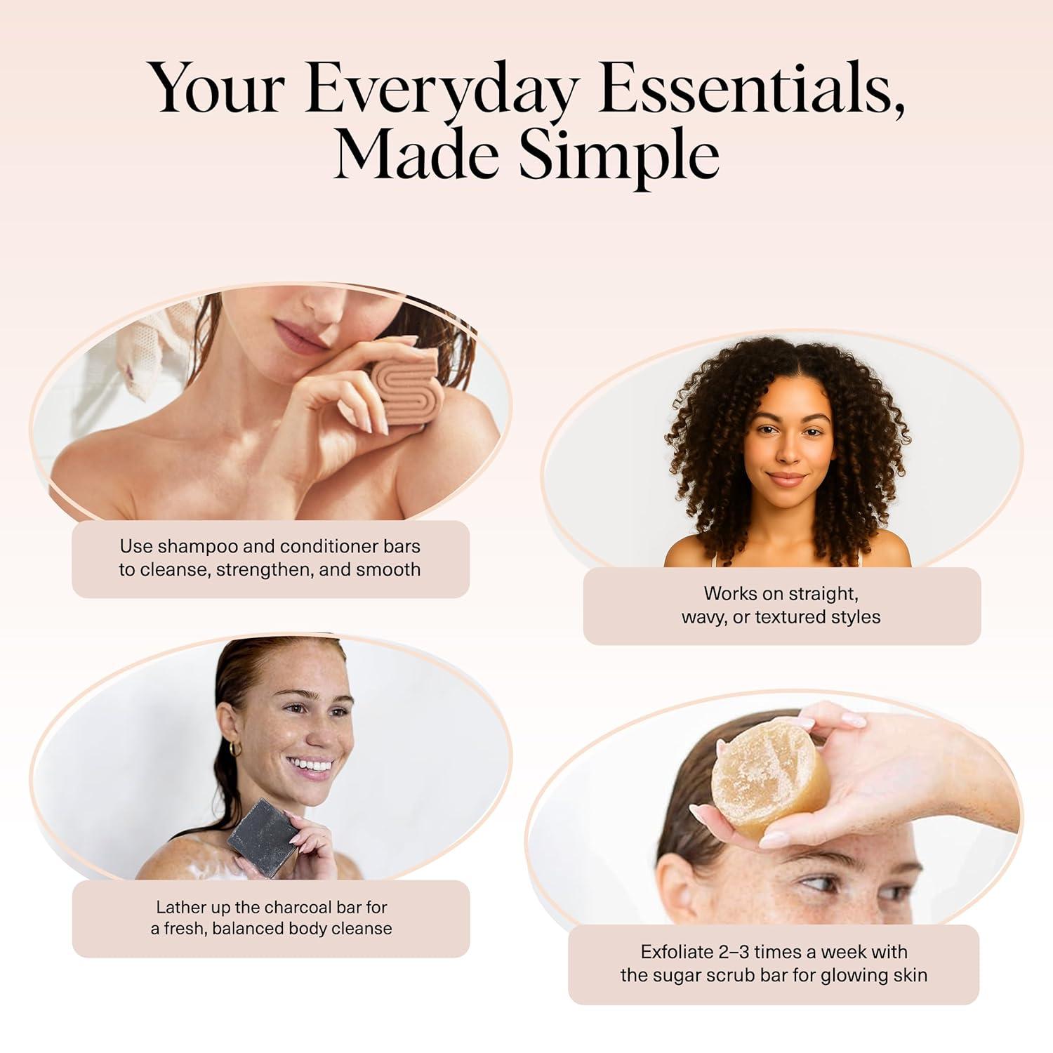 imageKitsch 4pc Set  Rice Water Shampoo and Conditioner Set  Charcoal Body Wash Bar amp Exfoliating Sugar Body Scrub  Hair amp Body Bar Soap  Silicone Paraben and Sulfate Free Solid Bars