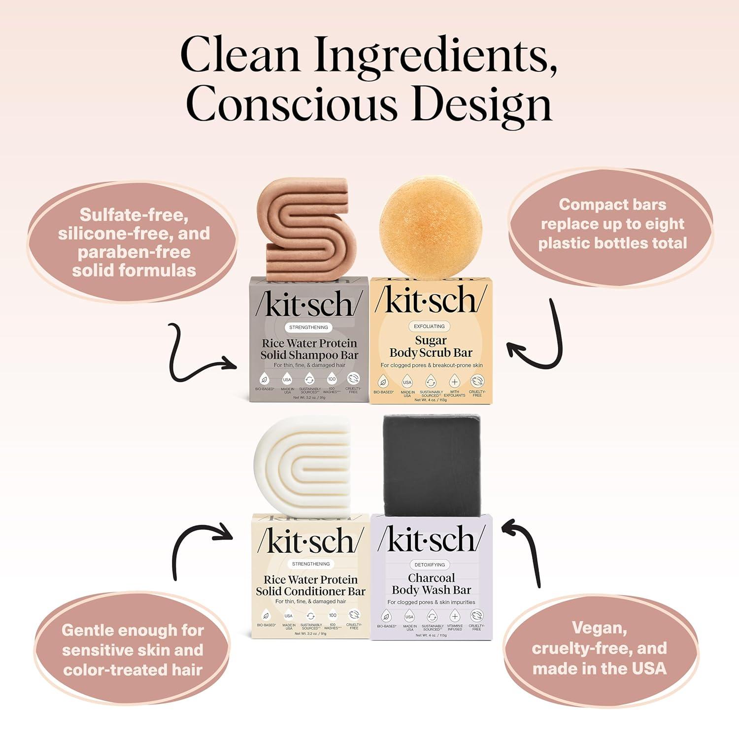 imageKitsch 4pc Set  Rice Water Shampoo and Conditioner Set  Charcoal Body Wash Bar amp Exfoliating Sugar Body Scrub  Hair amp Body Bar Soap  Silicone Paraben and Sulfate Free Solid Bars