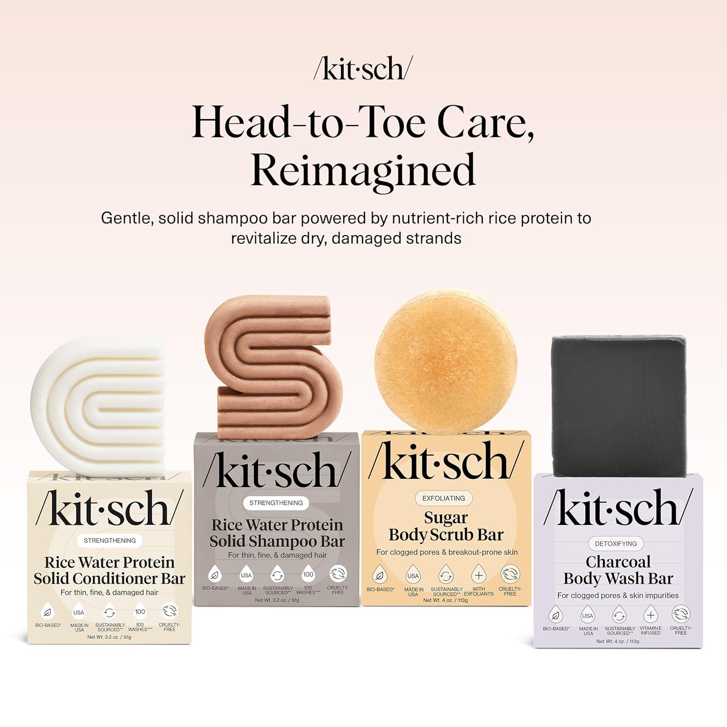 imageKitsch 4pc Set  Rice Water Shampoo and Conditioner Set  Charcoal Body Wash Bar amp Exfoliating Sugar Body Scrub  Hair amp Body Bar Soap  Silicone Paraben and Sulfate Free Solid Bars