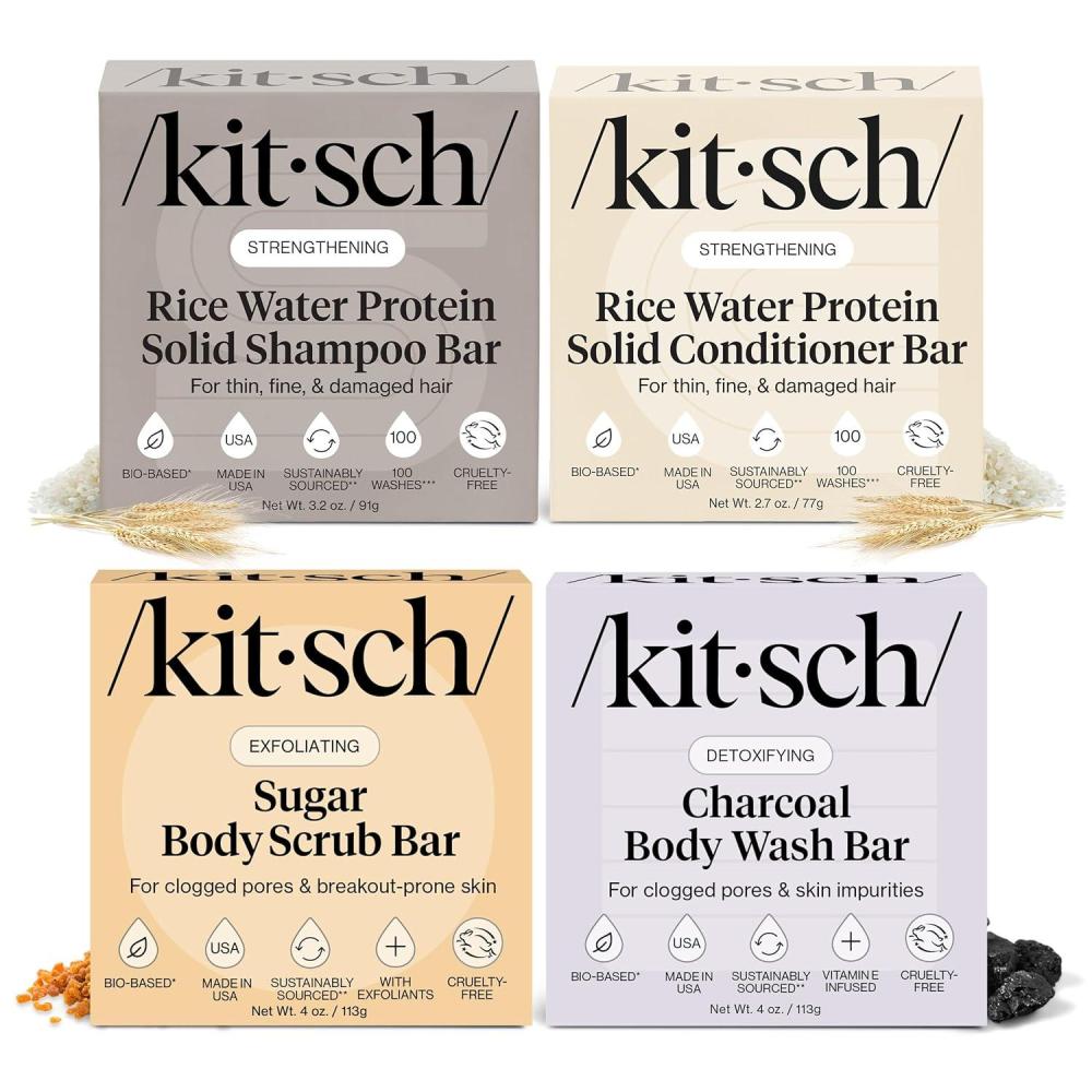 imageKitsch 4pc Set  Rice Water Shampoo and Conditioner Set  Charcoal Body Wash Bar amp Exfoliating Sugar Body Scrub  Hair amp Body Bar Soap  Silicone Paraben and Sulfate Free Solid Bars