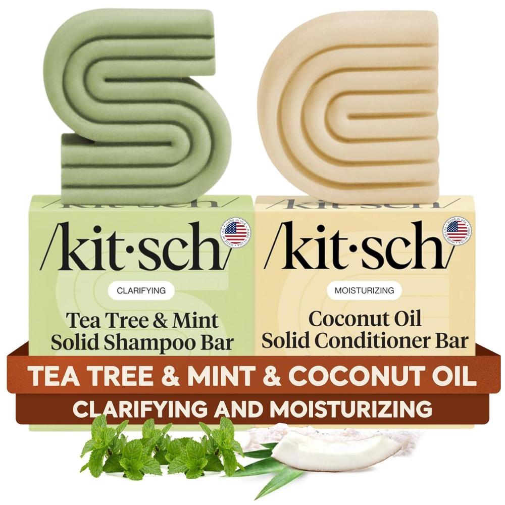 imageKitsch Tea Tree Shampoo amp Coconut Oil Conditioner Bar Shampoo and Conditioner Set Clarifying Bar Soap for Greasy Hair amp Deep Moisturizing Paraben Silicone amp Sulfate Free Made in USA 2 Pack