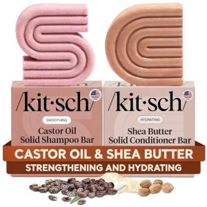 Kitsch Castor Oil Shampoo & Shea Butter Conditioner Bar – Shampoo and Conditioner Set – Hydrating & Moisturizing Bar Soap – Free of Paraben, Silicone, Sulfate – Made in USA – 2pc Set