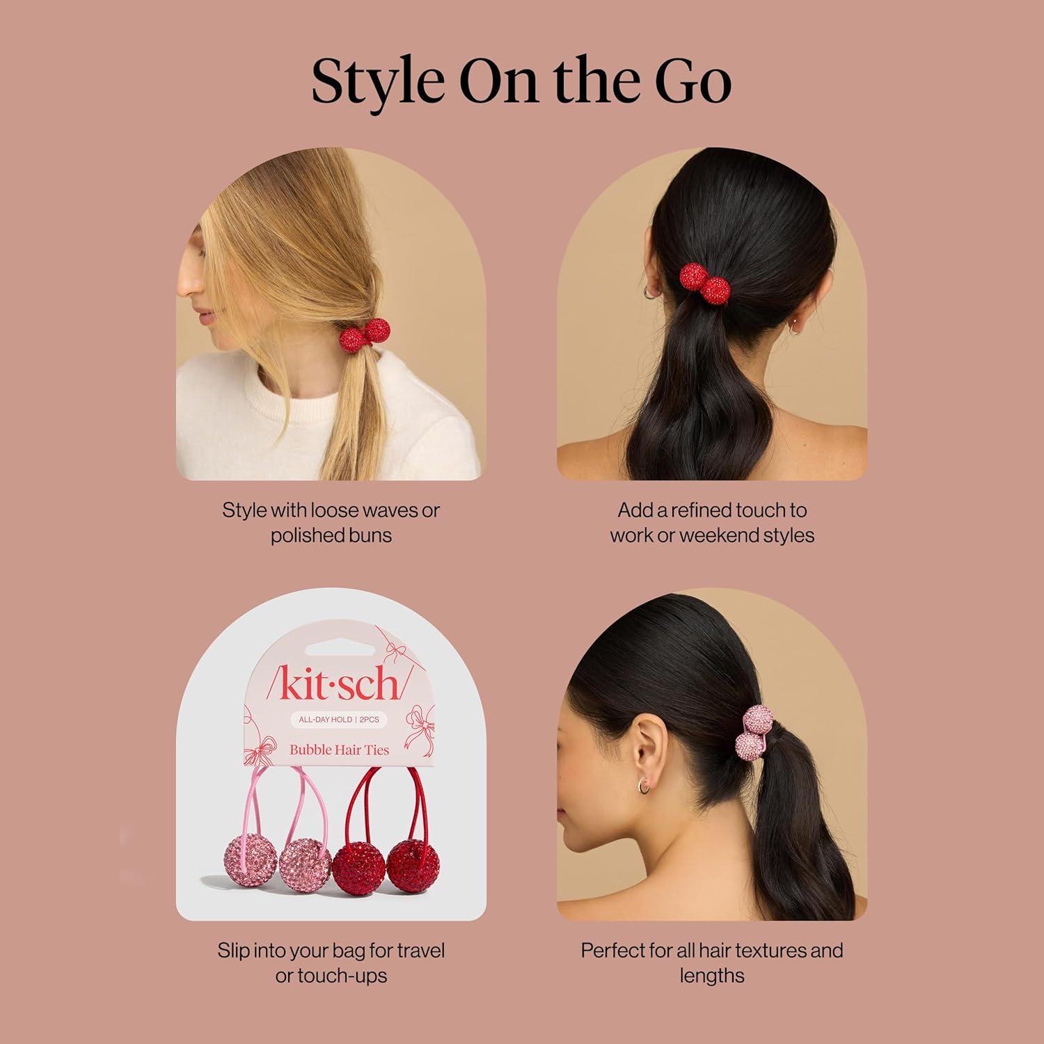 imageKitsch Bubble Hair Tie No Damage Sparkly Ponytail Holders with Shimmering Rhinestones Creaseless Fun amp Festive Hair Accessories for Everyday Styling Ideal Gifts for Women Red amp Pink 2pc Set