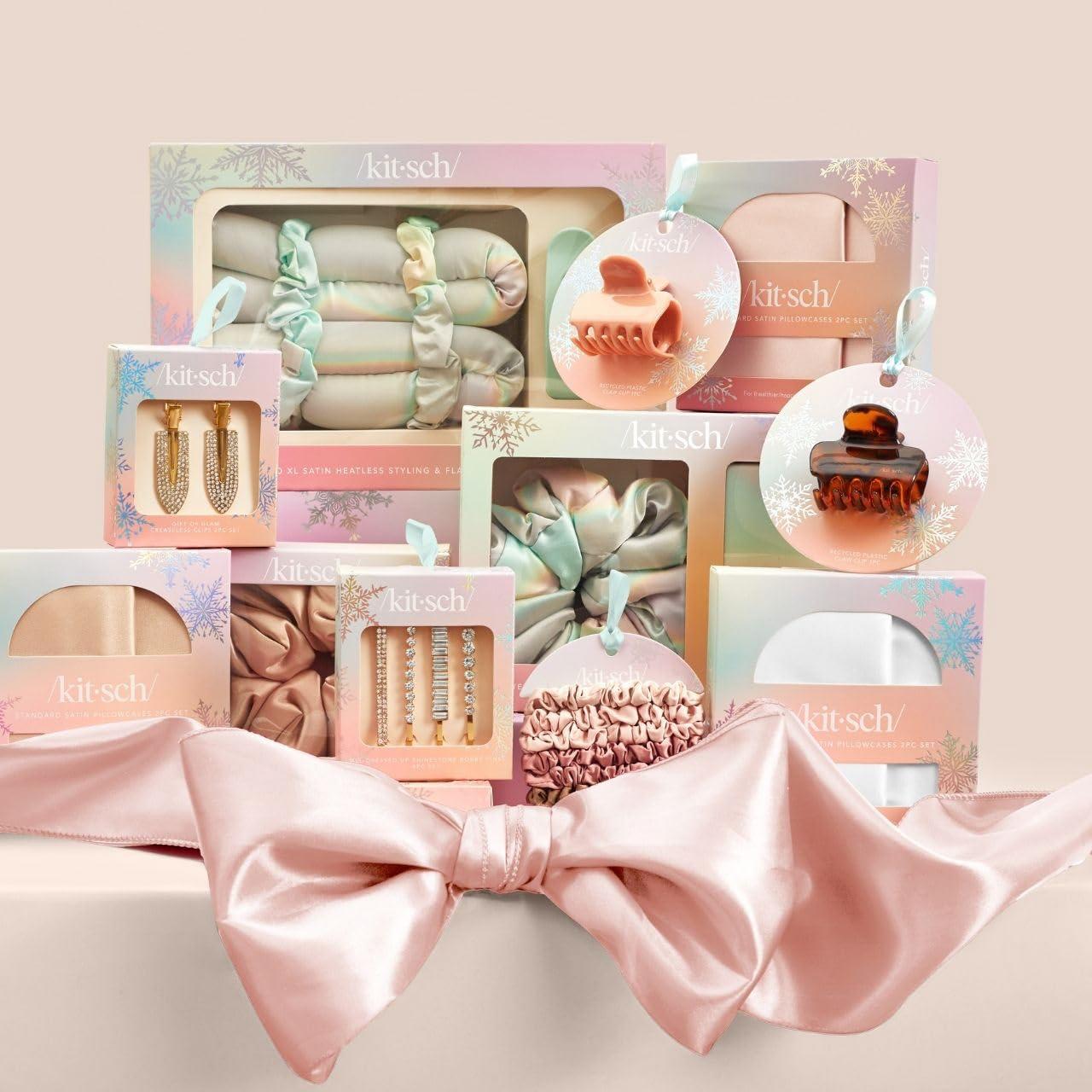 imageKitsch Holiday Hair Hero XL Satin Heatless Styling amp Flat Lay Claw Heatless Curls amp Waves Extra Large Curling Rods Satin Scrunchies amp Claw Clip for Hair Protection Gifts for Women 4pc set AuraAura