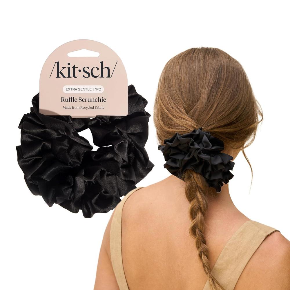 imageBridgerton x Kitsch Satin Scrunchies for Women No Snag No Tugging Soft amp Comfortable Scrunchies for Girls Perfect for Day or Night Ideal Gifts for Women Toile De Blue 2pcsBlack Ruffle