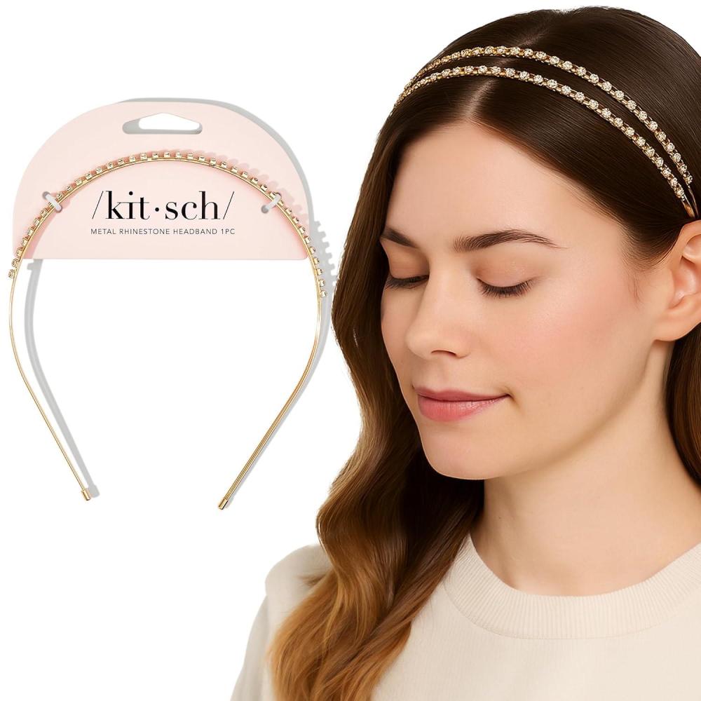 imageKitsch Rhinestone Headband for Women  Double Row Gold Headband for Bridal Accessories  Hair Jewelry for Wedding Prom Birthday or Special Occasions  Ideal Gifts for Women  1pcGold