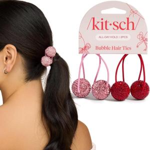 Kitsch Bubble Hair Tie No Damage – Sparkly Ponytail Holders with Shimmering Rhinestones | Creaseless, Fun & Festive Hair Accessories for Everyday Styling | Ideal Gifts for Women – Red & Pink, 2pc Set