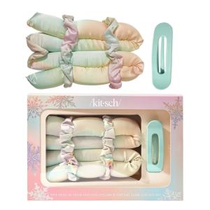 Kitsch Holiday Hair Hero XL Satin Heatless Styling & Flat Lay Claw – Heatless Curls & Waves, Extra Large Curling Rods, Satin Scrunchies & Claw Clip for Hair Protection, Gifts for Women- 4pc set, Aura(Aura)