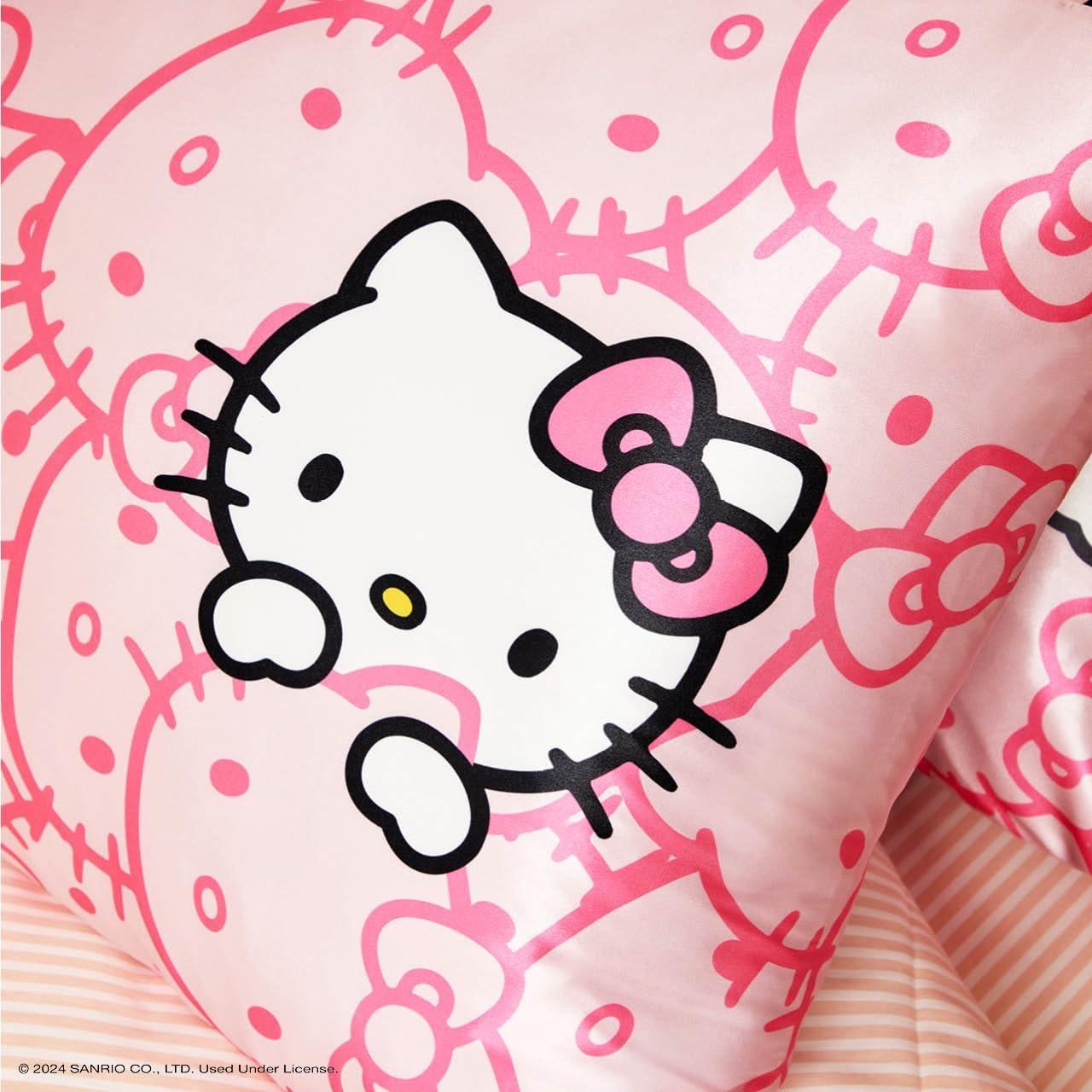 imageKitsch Hello Kitty Satin Pillowcase Softer Than Silk for Hair amp Skin Machine Washable WrinkleFree Standard Size and Satin Scrunchies No Damage Hair Ties Pink Kitty Faces 2 Piece SetPink Kitty Faces