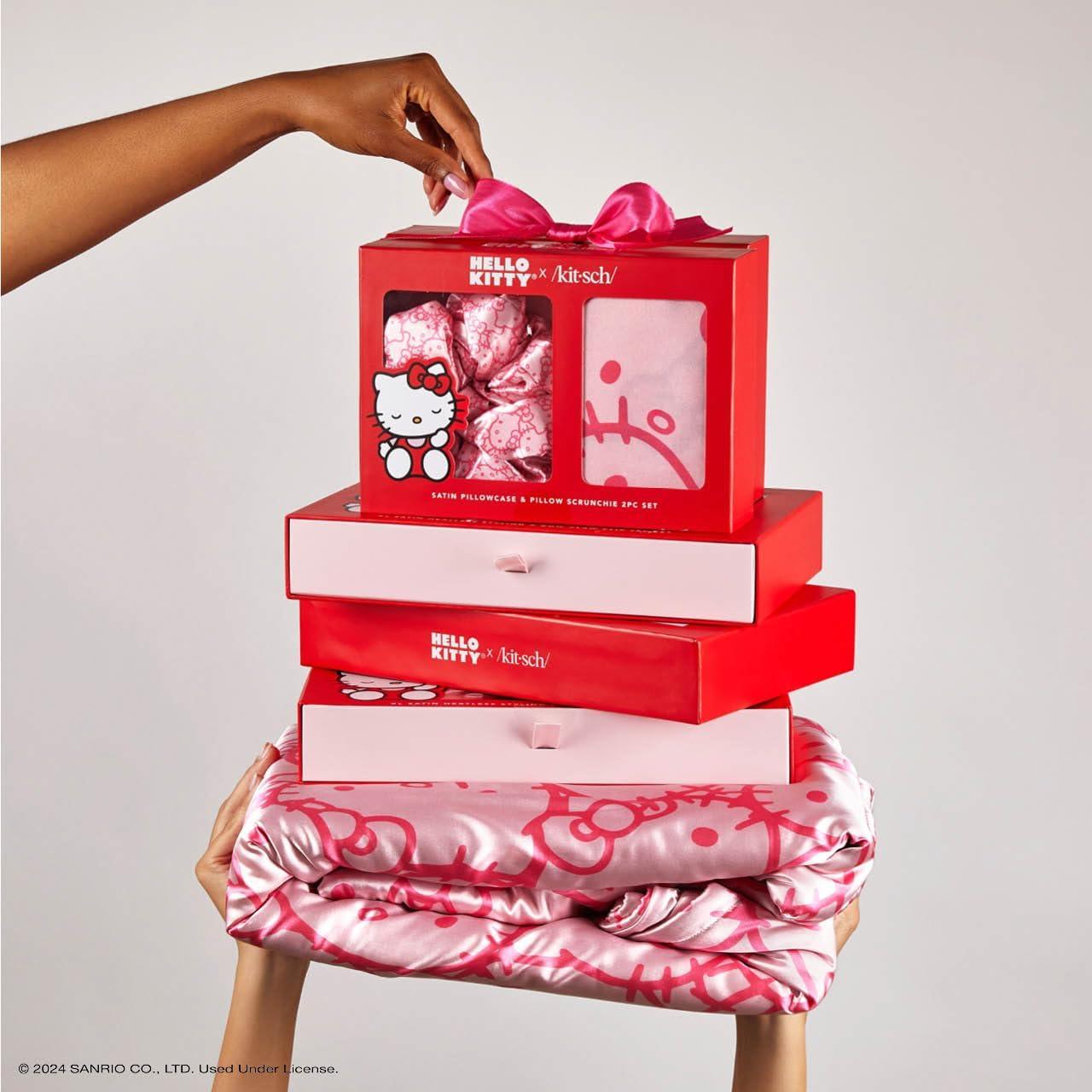 imageKitsch Hello Kitty Satin Pillowcase Softer Than Silk for Hair amp Skin Machine Washable WrinkleFree Standard Size and Satin Scrunchies No Damage Hair Ties Pink Kitty Faces 2 Piece SetPink Kitty Faces