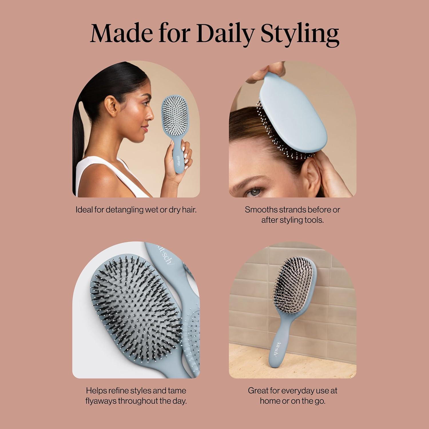 imageKitsch Smooth amp Polish Brush Dual Bristle Detangler Brush Shine amp Frizz Control Vegan Boar amp Nylon Hair Brush with Cushioned Pad for Scalp Massage Hair Care Tool for All Hair Types TerracottaHaze Blue