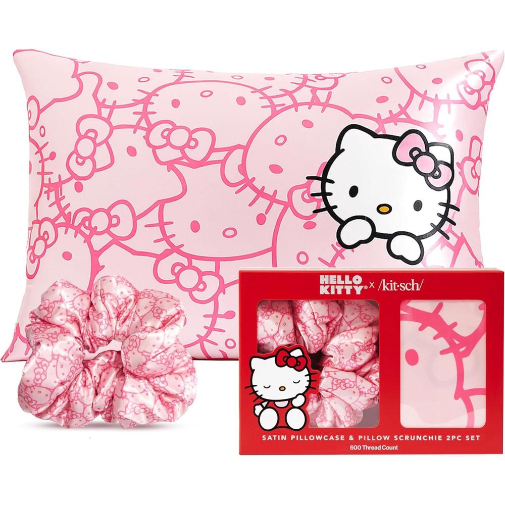 imageKitsch Hello Kitty Satin Pillowcase Softer Than Silk for Hair amp Skin Machine Washable WrinkleFree Standard Size and Satin Scrunchies No Damage Hair Ties Pink Kitty Faces 2 Piece SetPink Kitty Faces