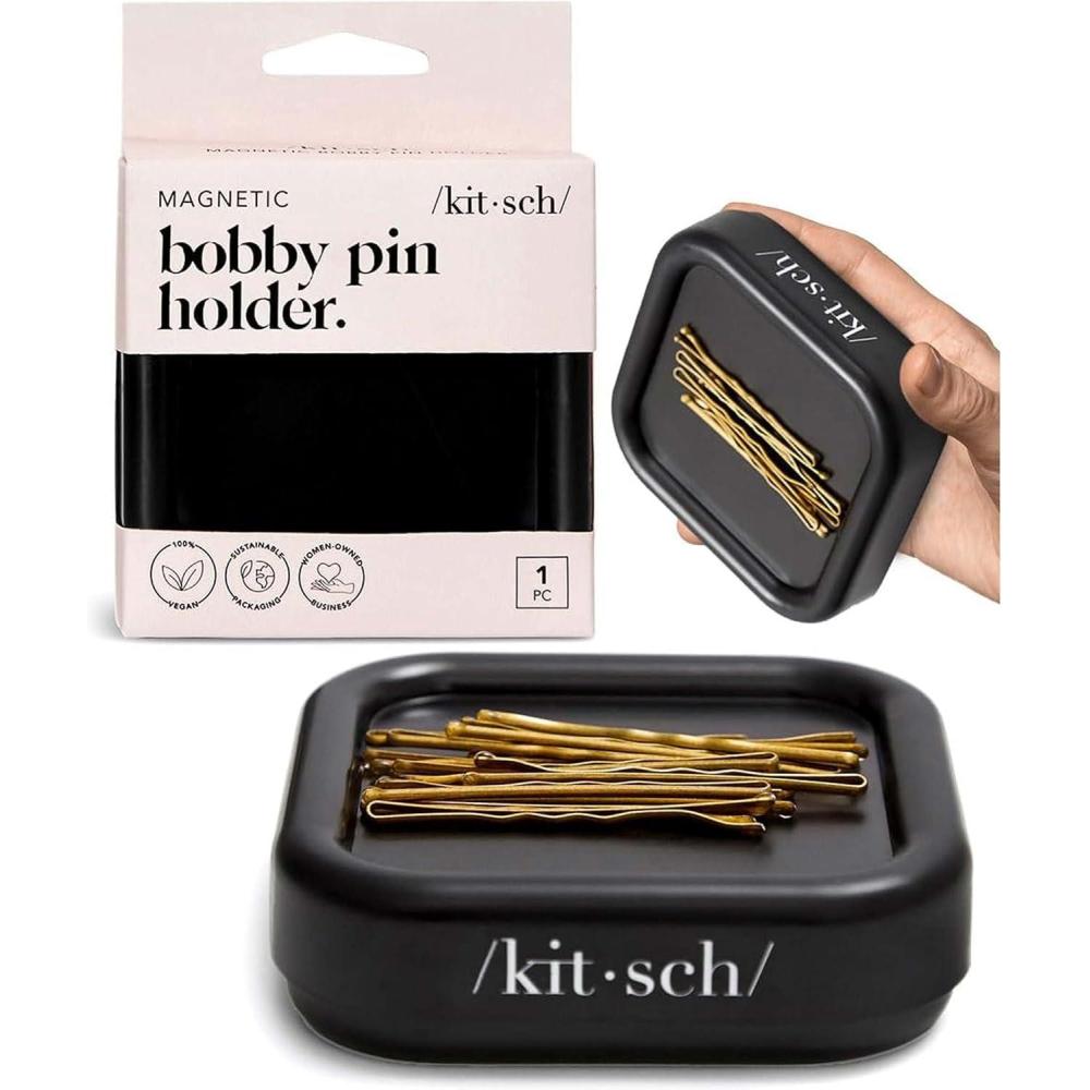 imageKitsch Magnetic Bobby Pin Holder  Cute Stuff Strong Magnetic Pin Holder for Desk amp Vanity Securely Holds Metal Hair Clips Bobby Pins amp Paper Clip  Ideal Gifts for Women  Black 1 Pc